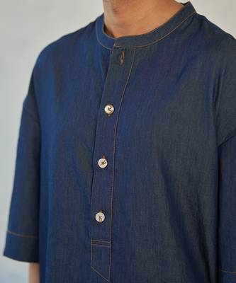 Blue textured cotton denim fusion long kurta with jogger 5