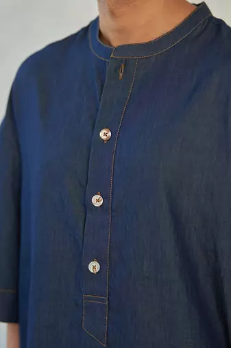 Blue textured cotton denim fusion long kurta with jogger