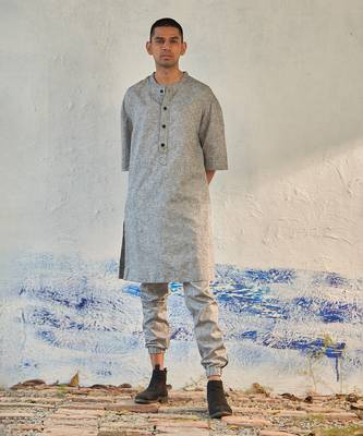 Grey textured cotton pebbled street kurta with jogger 2