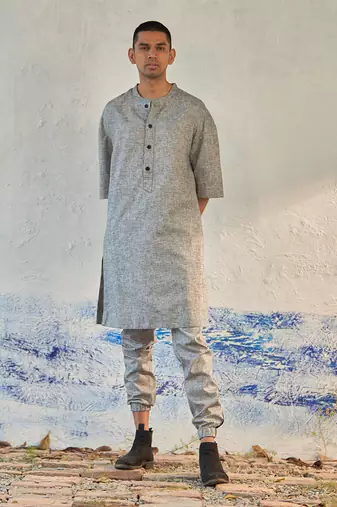 Grey textured cotton pebbled street kurta with jogger