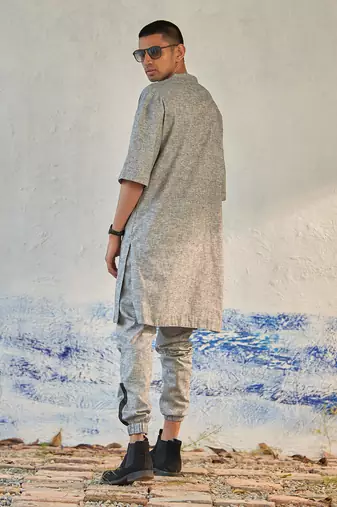 Grey textured cotton pebbled street kurta with jogger