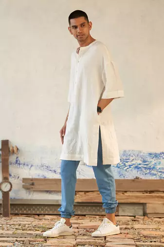 White textured cotton crushed ice kurta with jogger