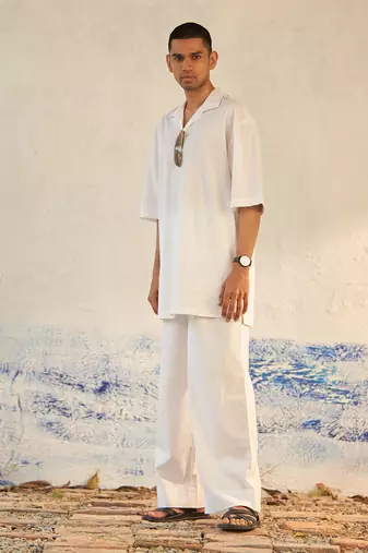 White cotton fountain white kurta set