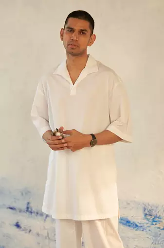 White cotton fountain white kurta set
