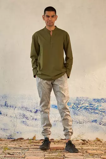 Olive cotton military kurta shirt
