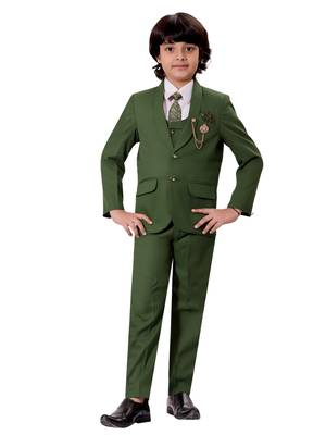 Boys cotton blend solid 5-piece coat suit set - dark green 1