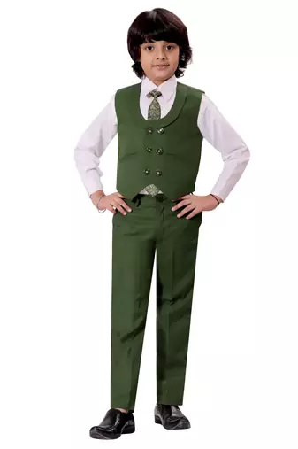 Boys cotton blend solid 5-piece coat suit set - dark green