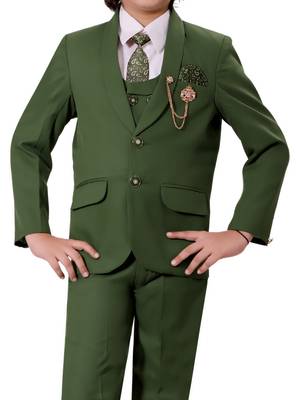 Boys cotton blend solid 5-piece coat suit set - dark green 5