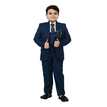 Boys cotton blend solid 5-piece coat suit set - marine blue 1