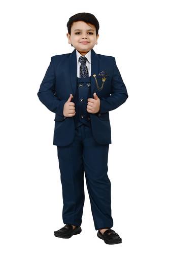 Boys cotton blend solid 5-piece coat suit set - marine blue