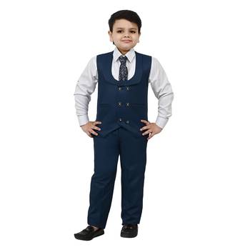 Boys cotton blend solid 5-piece coat suit set - marine blue 4