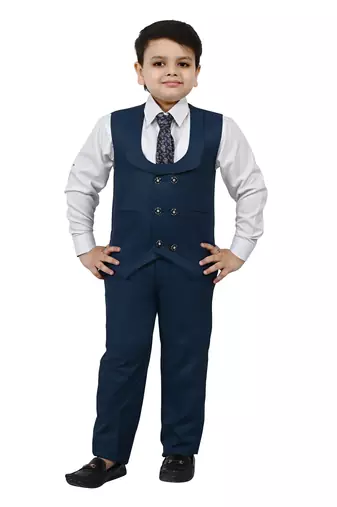 Boys cotton blend solid 5-piece coat suit set - marine blue