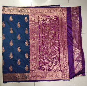 Blue Ethnic tussar silk blend Zari Woven Saree 4