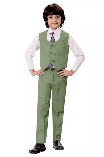 Boys cotton blend solid 5-piece coat suit set - pista green