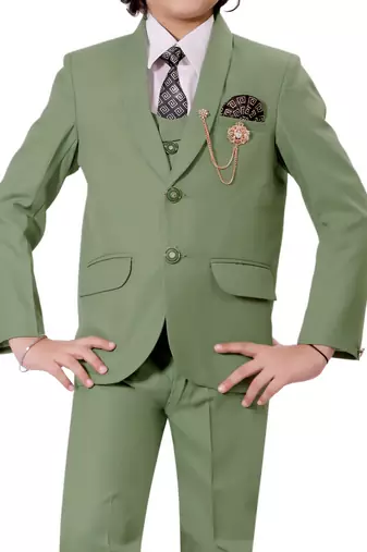 Boys cotton blend solid 5-piece coat suit set - pista green