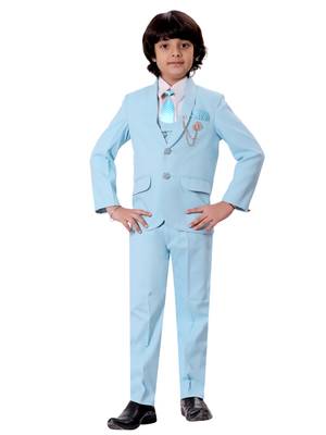 Boys cotton blend solid 5-piece coat suit set - sky blue 1