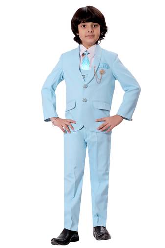 Boys cotton blend solid 5-piece coat suit set - sky blue