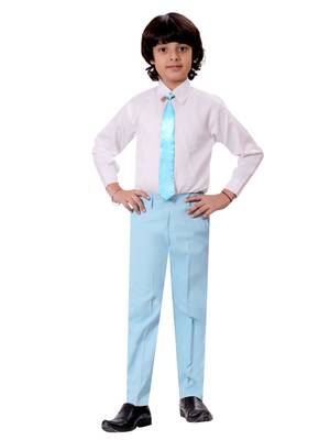 Boys cotton blend solid 5-piece coat suit set - sky blue 3