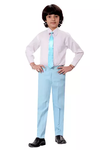 Boys cotton blend solid 5-piece coat suit set - sky blue