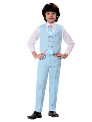 Boys cotton blend solid 5-piece coat suit set - sky blue 4