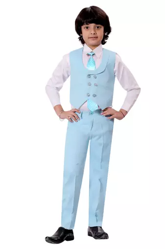 Boys cotton blend solid 5-piece coat suit set - sky blue