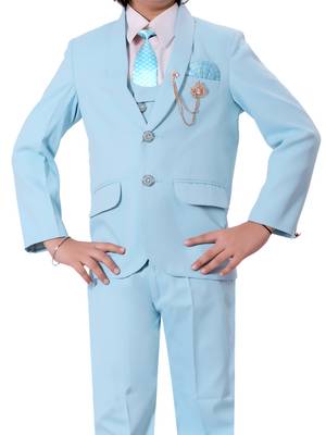 Boys cotton blend solid 5-piece coat suit set - sky blue 5