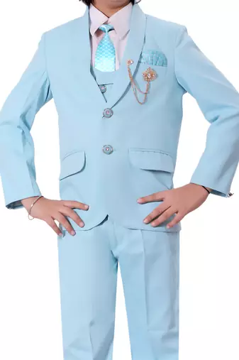 Boys cotton blend solid 5-piece coat suit set - sky blue