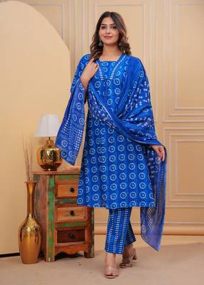 Blue Printed Indian A-line Salwar Kameez Kurti Pant Set for Women V-Neck Partywear Dress 1