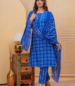 Blue Printed Indian A-line Salwar Kameez Kurti Pant Set for Women V-Neck Partywear Dress