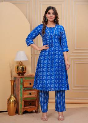 Blue Printed Indian A-line Salwar Kameez Kurti Pant Set for Women V-Neck Partywear Dress 2