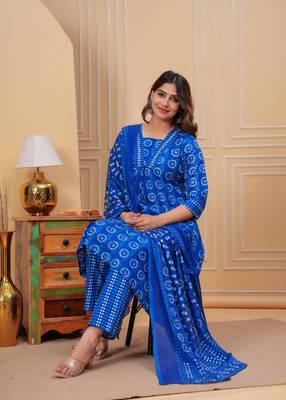 Blue Printed Indian A-line Salwar Kameez Kurti Pant Set for Women V-Neck Partywear Dress 3