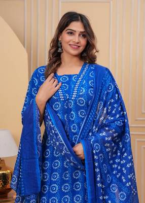 Blue Printed Indian A-line Salwar Kameez Kurti Pant Set for Women V-Neck Partywear Dress 4