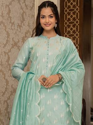 Sea green color silk blend embroidered work fancy kurta bottom and dupatta set 1
