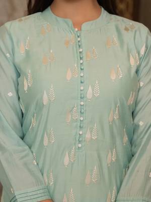Sea green color silk blend embroidered work fancy kurta bottom and dupatta set 2