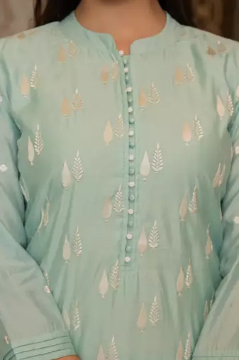 Sea green color silk blend embroidered work fancy kurta bottom and dupatta set