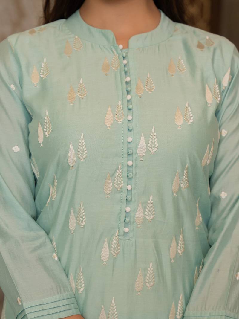 Sea green color silk blend embroidered work fancy kurta bottom and dupatta set