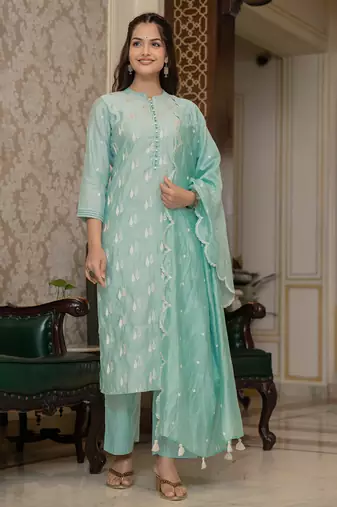 Sea green color silk blend embroidered work fancy kurta bottom and dupatta set