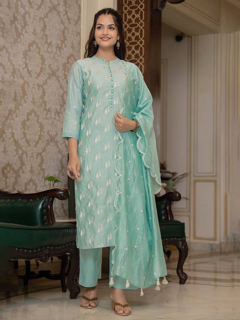 Sea green color silk blend embroidered work fancy kurta bottom and dupatta set