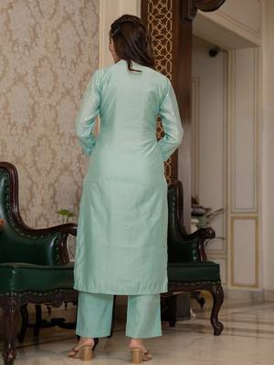 Sea green color silk blend embroidered work fancy kurta bottom and dupatta set 4