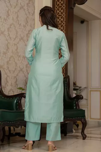 Sea green color silk blend embroidered work fancy kurta bottom and dupatta set