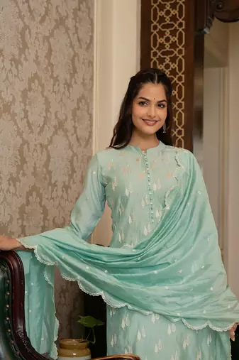 Sea green color silk blend embroidered work fancy kurta bottom and dupatta set