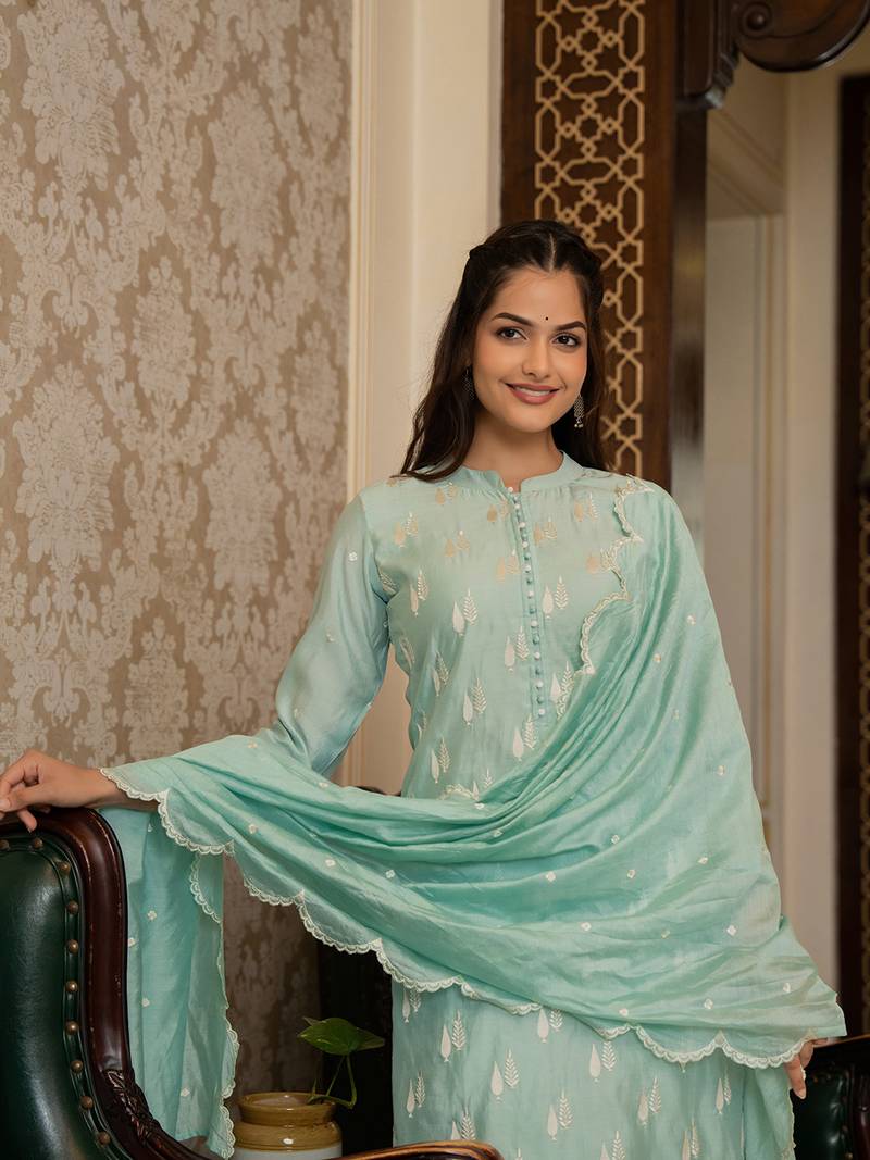 Sea green color silk blend embroidered work fancy kurta bottom and dupatta set