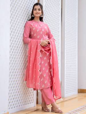 Pink color silk blend embroidered work fancy kurta bottom and dupatta set 1