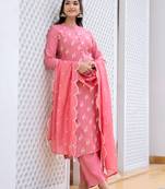 Pink color silk blend embroidered work fancy kurta bottom and dupatta set