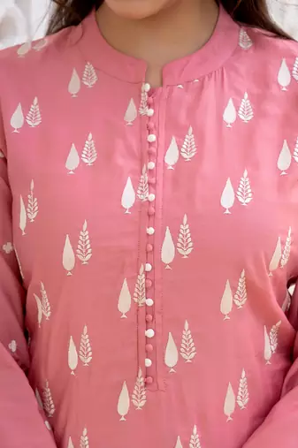 Pink color silk blend embroidered work fancy kurta bottom and dupatta set