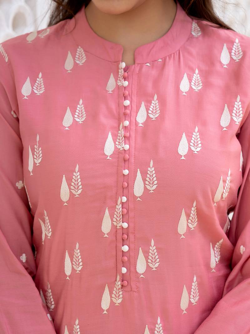 Pink color silk blend embroidered work fancy kurta bottom and dupatta set
