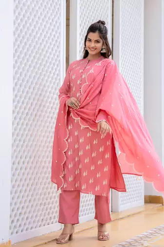 Pink color silk blend embroidered work fancy kurta bottom and dupatta set