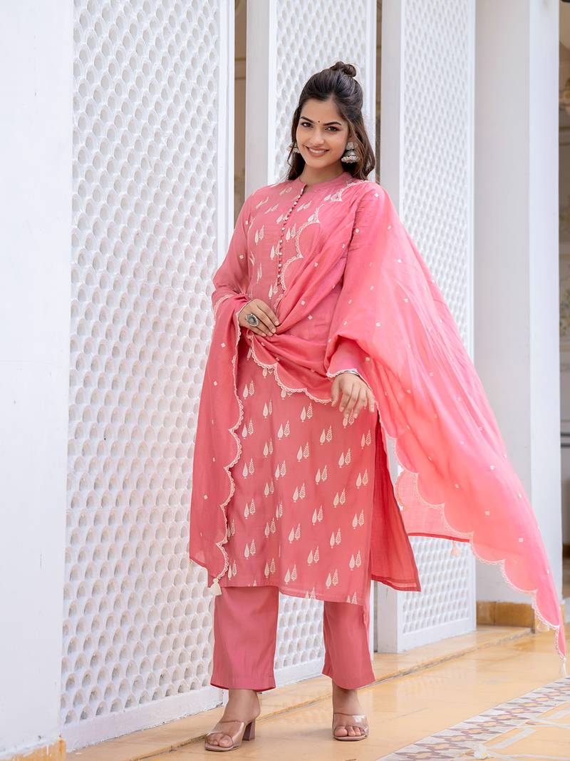 Pink color silk blend embroidered work fancy kurta bottom and dupatta set