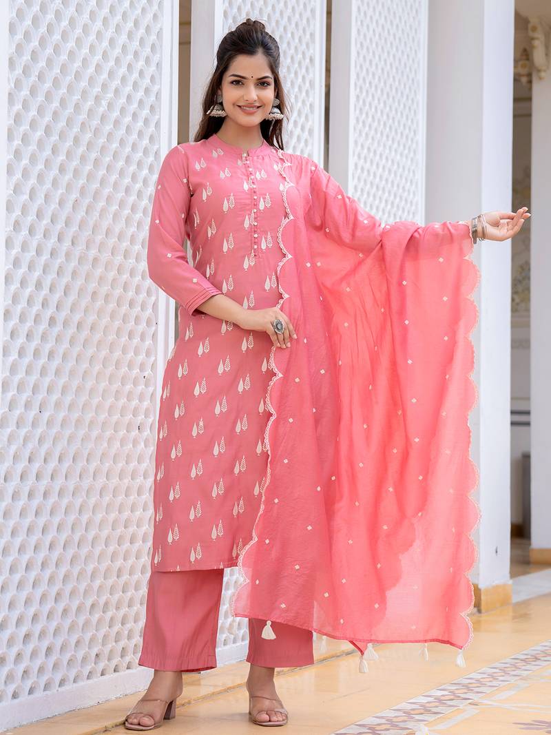 Pink color silk blend embroidered work fancy kurta bottom and dupatta set