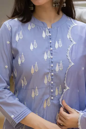 Blue color silk blend embroidered work fancy kurta bottom and dupatta set